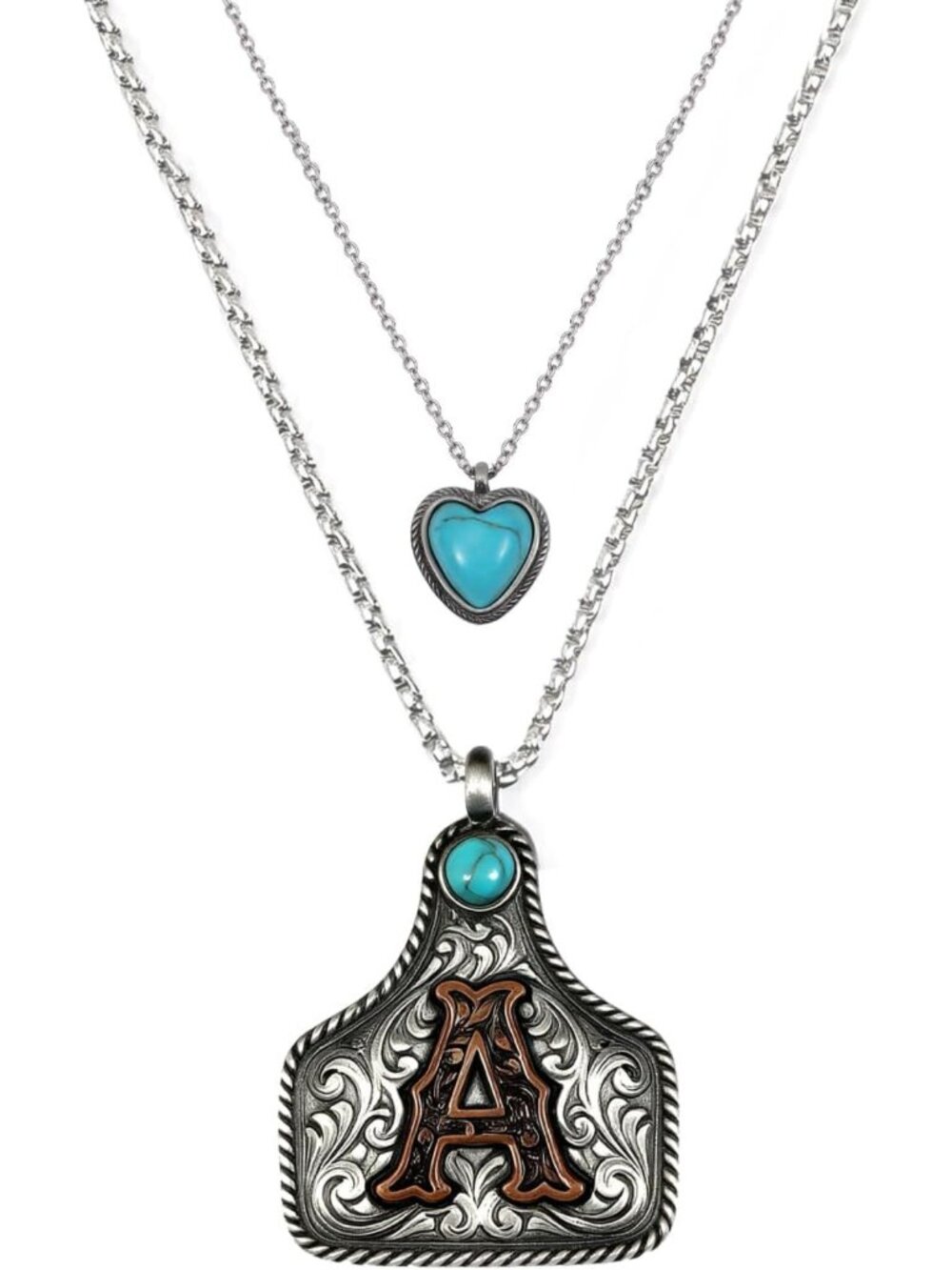 Turquoise Layered Necklaces with Cow Tag Initial - Western Style Jewelry for
